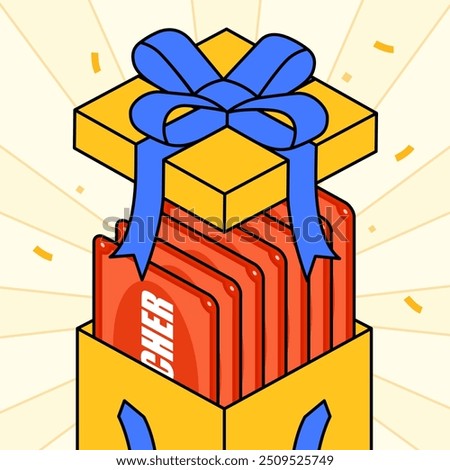 Gift box illustration, open box with voucher flying out, cartoon style, isometric look. Vector illustration. 2D flat design.