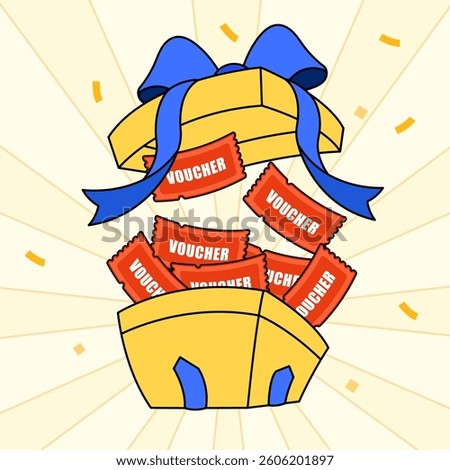 Gift box illustration, open box with voucher flying out, cartoon style. Vector illustration. 2D flat design.