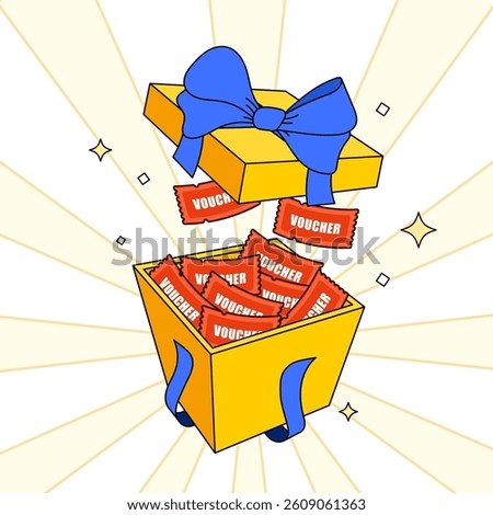 Gift box illustration, open box with voucher flying out, cartoon style. Vector illustration, perspective look. 2D flat design.