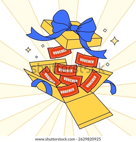 Gift box illustration, open box with voucher flying out, cartoon style. Vector illustration. 2D flat design.