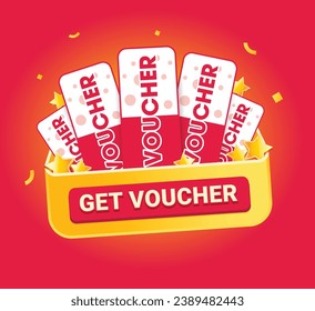 Gift box illustration, open box with vouchers and coupons flying out ,cartoon style, gold stars pouring out with confetti, online shopping gift, trendy flat. Vector illustration. 2D flat design.