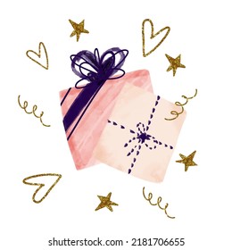 Gift box illustration in pink purple color with golden star and hearts