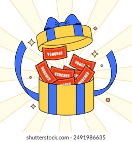 Gift box illustration, rounded open box with voucher flying out, cartoon style. Vector illustration. 2D flat design.