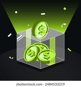 Gift box illustration, saving, donation box, digital style, putting coins in the box, financial saving insurance concept, futuristic, crypto banner, banking. Vector illustration. 2D flat design.