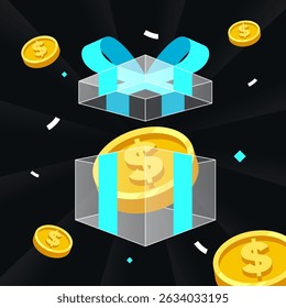 Gift box illustration, transparent box with token inside and fly out. Modern, futuristic style, neon box, crypto airdrop banner. Vector illustration. 2D flat design.