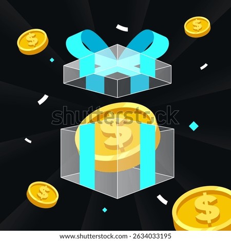 Gift box illustration, transparent box with token inside and fly out. Modern, futuristic style, neon box, crypto airdrop banner. Vector illustration. 2D flat design.