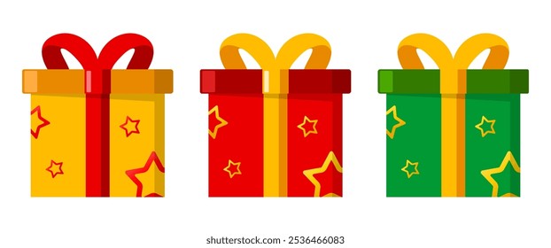Gift box illustration vector, Isolate Presents graphic elements for Decoration, in Flat style, Christmas Ornaments, Birty day and New year party Clip art, Red, Green, Yellow object for banner and ads.