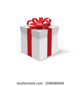 Gift box isolated on white background. Grey realistic birthday present with big bow. Cartoon design red ribbon wrapped opened surprise template layout blank high quality copyspace vector drop shadow