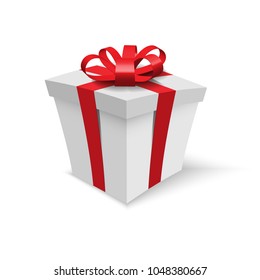 Gift box isolated on white background. Grey realistic birthday present with big bow. Cartoon design red ribbon wrapped opened surprise template layout blank high quality copyspace vector drop shadow