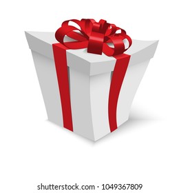 Gift box isolated on white background. Grey realistic birthday present with big glossy bow. Cartoon design red ribbon wrapped opened surprise template layout blank high quality copyspace vector shadow