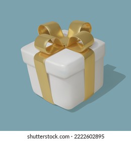 Gift box isolated on white. Celebration holiday surprise tied with realistic luxurious gold ribbon. Event of holiday wedding Birthday celebration image. Vector illustration.