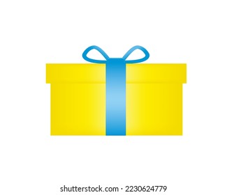 Gift box isolated on a white background. Yellow gift box with blue ribbon and bow.