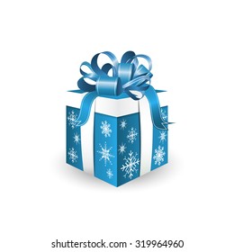 Gift box isolated on white background with blue decorative ribbon and snowflakes, vector illustration