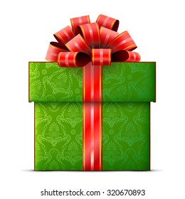 Gift box isolated on white background. Green gift decorated with red ribbon and bow. Vector illustration