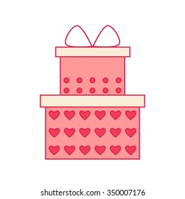 Gift box isolated on white background. Valentine gift. Christmas gift. Birthday gift. Present gift. Design element for banner, card, invitation, badge, flyer. Flat line style vector illustration. 