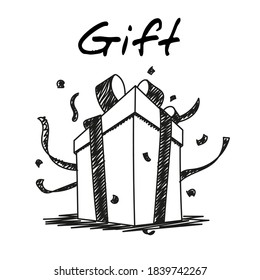 Geschenkbox isometrische handgezeichnete Illustration. Cartoon Vektorklammer Kunst eines großen Karton Geschenkbox in Packpapier mit Bogen. Schwarz-Weiß-Skizze der schön verpackten Feriengeschenkverpackung