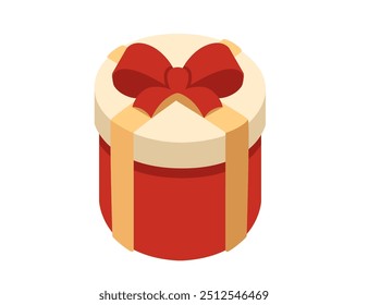 Gift box in isometric style. Surprise present with red bow and golden ribbon. Red wrapping box. Vector illustration isolated on white background