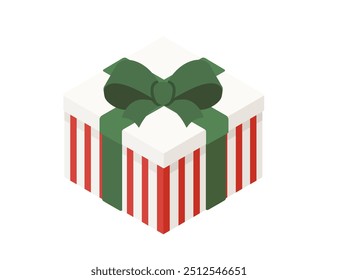 Gift box in isometric style. Surprise present with green bow and ribbon. Stripped wrapping box. Vector illustration isolated on white background