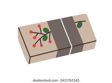 Gift box in kraft paper with berry branch decoration. Present in craft wrapping. Holiday surprise, plant decor. Festive package design. Flat graphic vector illustration isolated on white background