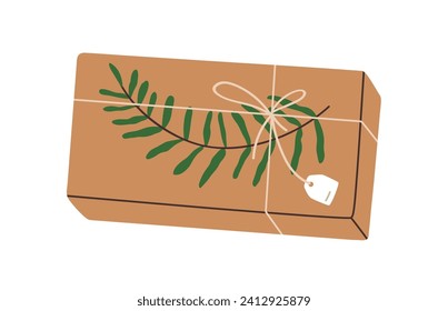 Gift box in kraft paper wrapping. Present design with leaf plant, branch decoration. Surprise in cardboard package with twig and tag. Flat graphic vector illustration isolated on white background