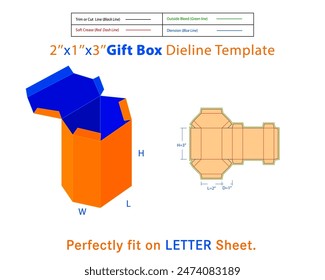 Caja de regalo L 2xD 1xH 3 pulgadas Plantilla Dieline. Un cuadro es un contenedor con una estructura tridimensional que se utiliza para almacenar, proteger y transportar elementos.