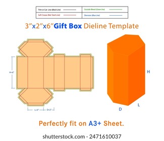 Caja de regalo L 3xD 2xH 6 pulgadas Plantilla Dieline. Un cuadro es un contenedor con una estructura tridimensional que se utiliza para almacenar, proteger y transportar elementos.