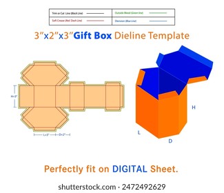 Gift Box L 3xD 2xH 3 inches Dieline Template. A box is a container with a three-dimensional structure used to store, protect, and transport items.