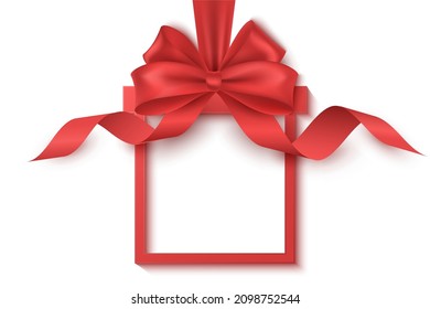 Gift box label with realistic red bow and curly ribbon isolated on white background. Template to advertise your business promotions. Commercial discount event. Graphical element for sale