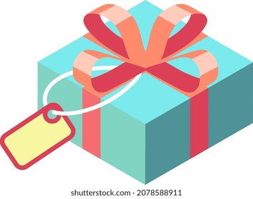 Gift box with label and red bow. Isometric present icon
