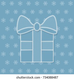 Gift box with lace bow and snowflakes for Christmas and New Year. Vector illustration