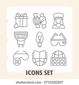 Caja de regalo, lámpara, gafas conjunto de iconos simples que representan vacaciones, educación, celebración y artículos festivos en estilo de contorno para App e impresión sobre fondo blanco. Conjunto de nueve iconos de línea delgada