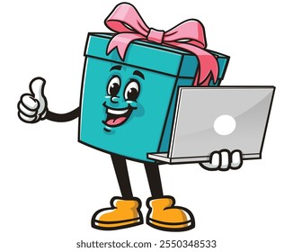 Gift Box with Laptop,  Cartoon Mascot Illustration Character Vector Clip-art Hand-drawn Logo Design