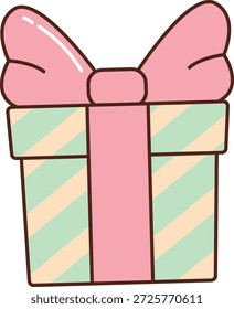 Geschenkbox mit großer Schleife und gestreifter Umhüllung, kräftiger Umriss und weicher Schattierung. Symbol für Feier, Überraschung, Belohnung und Großzügigkeit für Party- und Urlaubsthemen. Cartoon, Vektorgrafik.