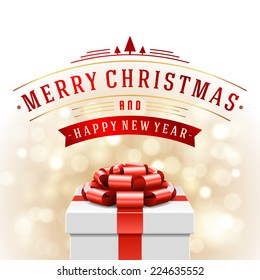 Gift box and light christmas vector background. Greeting card or invitation. Eps 10. 