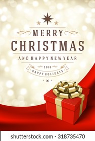Gift box with light christmas and vintage typographic label design vector background. Greeting card or invitation. 