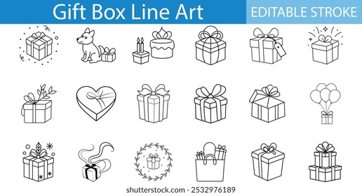 Gift Box Line Art Icons Editable Stroke Set