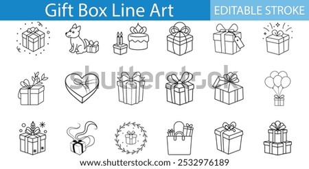 Gift Box Line Art Icons Editable Stroke Set