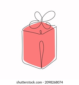  Gift in a box in line art style. Hand drawn holiday packaging. Sketch, drawings in one line. Vector illustration, background isolated.
