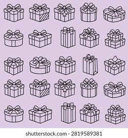 Gift box line art vector set featuring various wrapped present boxes, packages, and gift bags with ribbons and bows