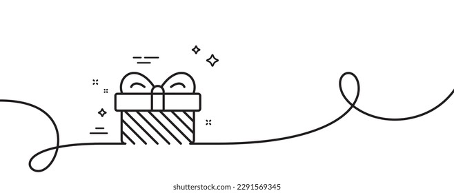 Gift box line icon. Continuous one line with curl. Christmas or New year present sign. Surprise symbol. Gift single outline ribbon. Loop curve pattern. Vector