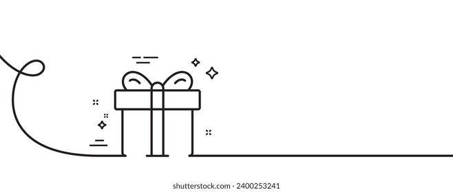 Gift box line icon. Continuous one line with curl. Present or Sale sign. Birthday Shopping symbol. Package in Gift Wrap. Gift box single outline ribbon. Loop curve pattern. Vector