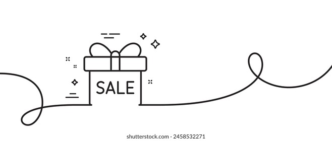 Gift box line icon. Continuous one line with curl. Present or Sale sign. Birthday Shopping symbol. Package in Gift Wrap. Sale offer single outline ribbon. Loop curve pattern. Vector