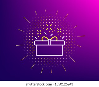 Gift box line icon. Halftone pattern. Present or Sale sign. Birthday Shopping symbol. Package in Gift Wrap. Gradient background. Present box line icon. Yellow halftone pattern. Vector