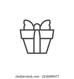Icono de línea de la caja de regalo. signo de estilo lineal para concepto móvil y diseño web. Presentar cuadro con icono de vector de contorno de arco. Símbolo del paquete sorpresa, ilustración del logotipo. Gráficos vectoriales