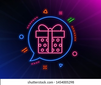 Gift box line icon. Neon laser lights. Present or Sale sign. Birthday Shopping symbol. Package in Gift Wrap. Glow laser speech bubble. Neon lights chat bubble. Banner badge with gift box icon. Vector