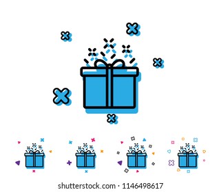 Gift box line icon. Present or Sale sign. Birthday Shopping symbol. Package in Gift Wrap. Line icon with geometric elements. Bright colourful design. Vector