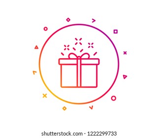Gift box line icon. Present or Sale sign. Birthday Shopping symbol. Package in Gift Wrap. Gradient pattern line button. Special offer icon design. Geometric shapes. Vector