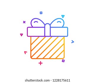 Gift box line icon. Present or Sale sign. Birthday Shopping symbol. Package in Gift Wrap. Gradient line button. Surprise icon design. Colorful geometric shapes. Vector