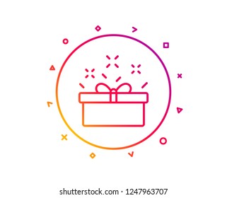 Gift box line icon. Present or Sale sign. Birthday Shopping symbol. Package in Gift Wrap. Gradient pattern line button. Present box icon design. Geometric shapes. Vector