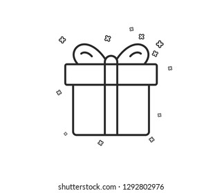 Gift box line icon. Present or Sale sign. Birthday Shopping symbol. Package in Gift Wrap. Geometric shapes. Random cross elements. Linear Gift box icon design. Vector